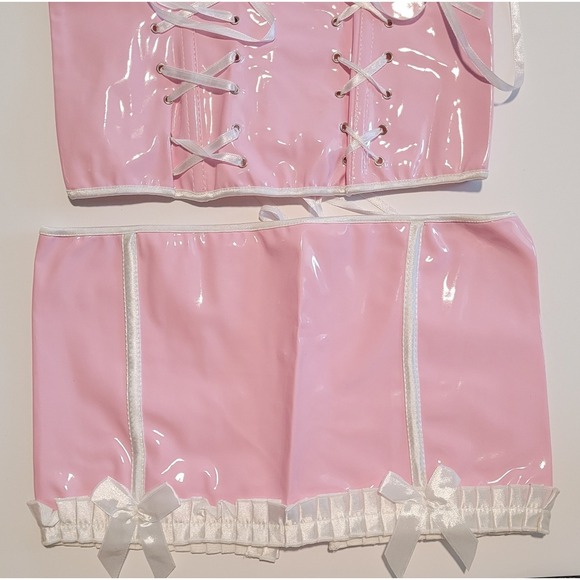 Women Pink & White PVC Bustier Corset Skirt & G-String Medium Back Lacing LB1150 - Picture 3 of 4